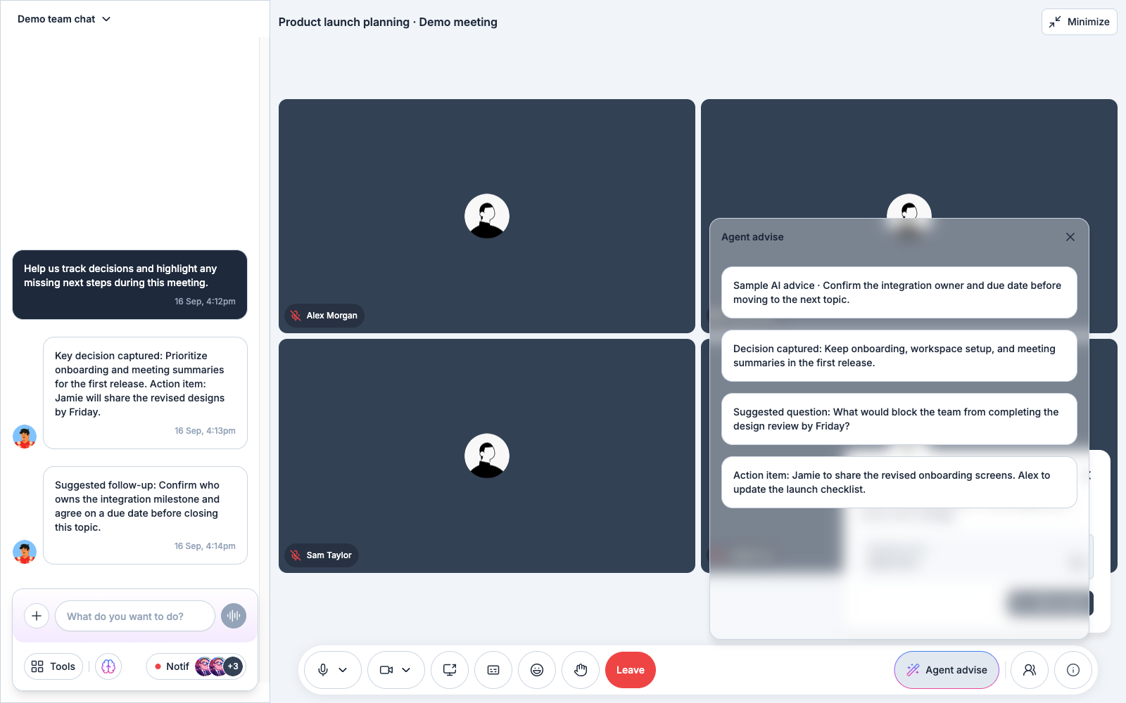 In-meeting agent advice & decision capture