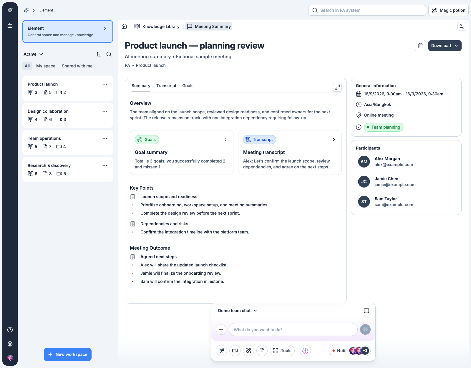 AI meeting summary with goals and next steps