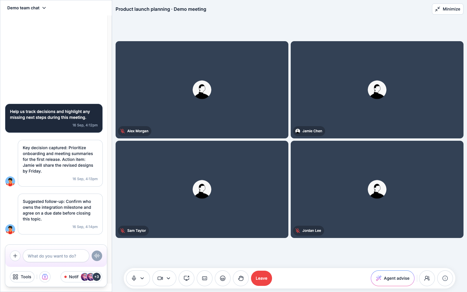 Connected meeting with live team chat