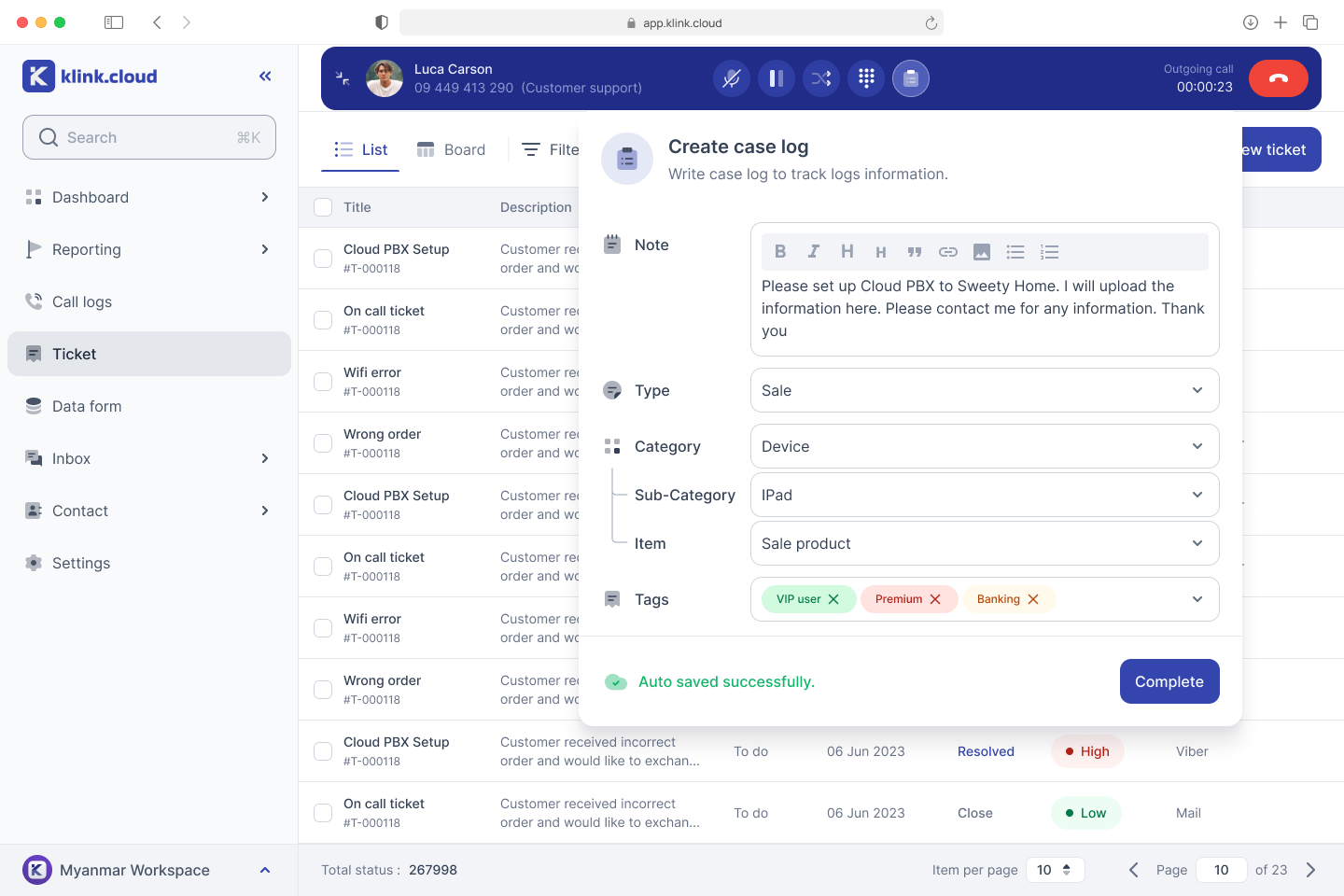 Live call with ticket board and case log