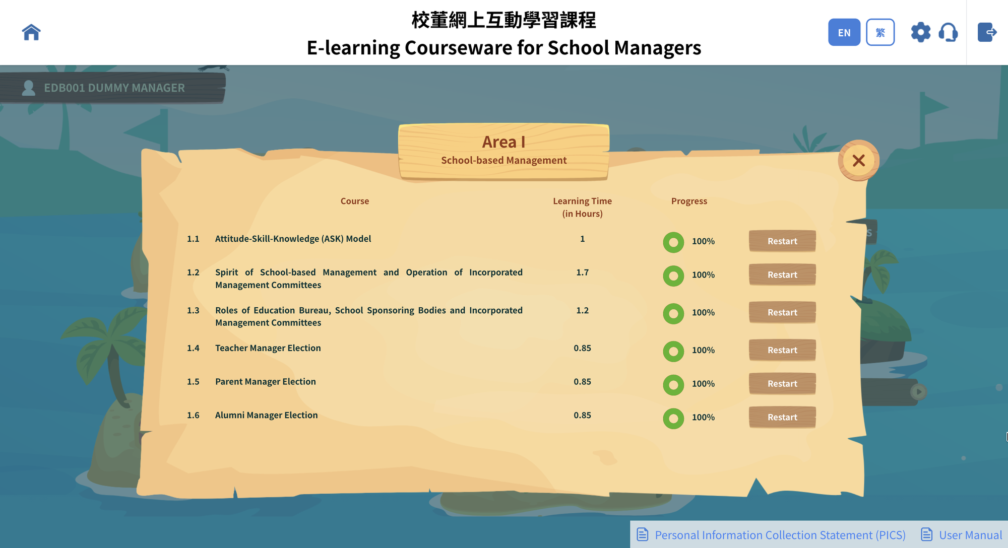 Course list with learning time and completion